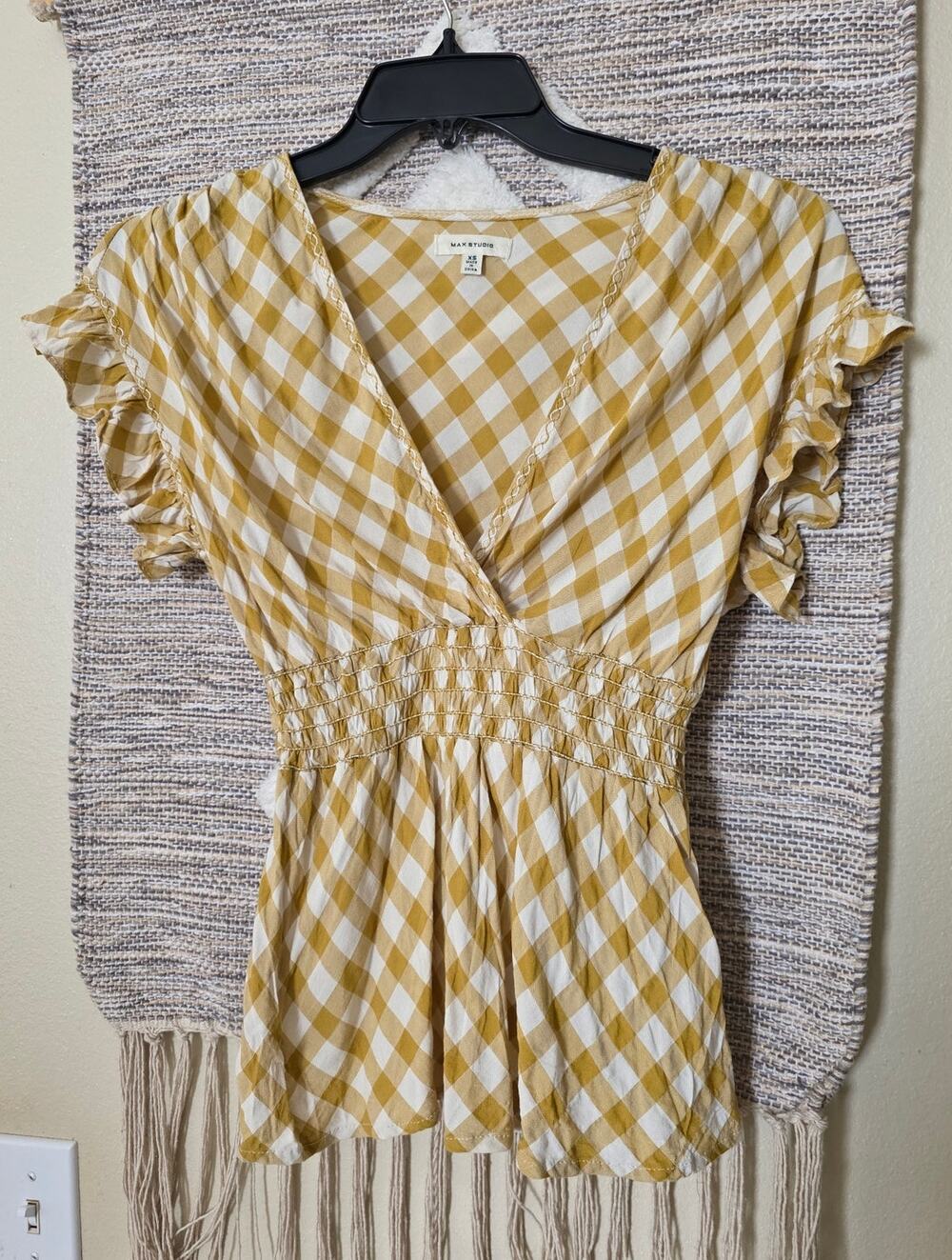 Max Studio Yellow White Gingham Plaid Ruffle Sleeve Peplum Top Sz XS Cottagecore